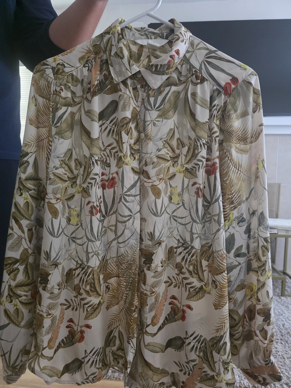 H&M Cream Botanical Print Button-Down Shirt with Green and Brown Leaves